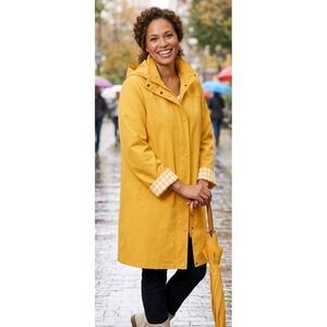 Jessica London Outerwear 28W Sunshine Yellow Hoded Rain Coat Gingham Plaid Cuffs
